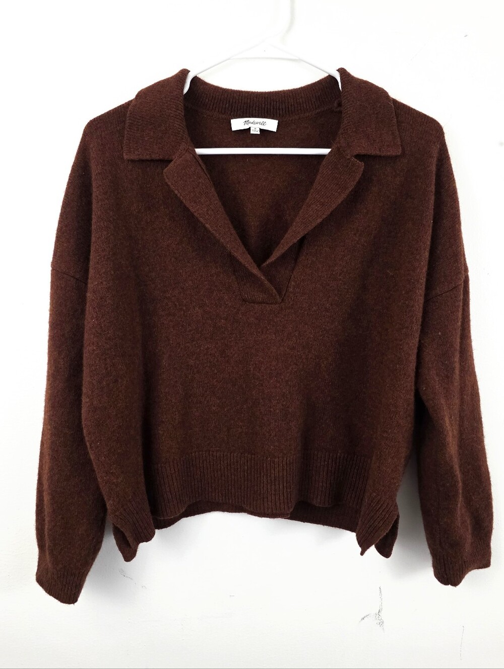 NWOT Madewell Davie Polo Sweater Crop Brown Collared Merino Wool Casual - Picture 8 of 8